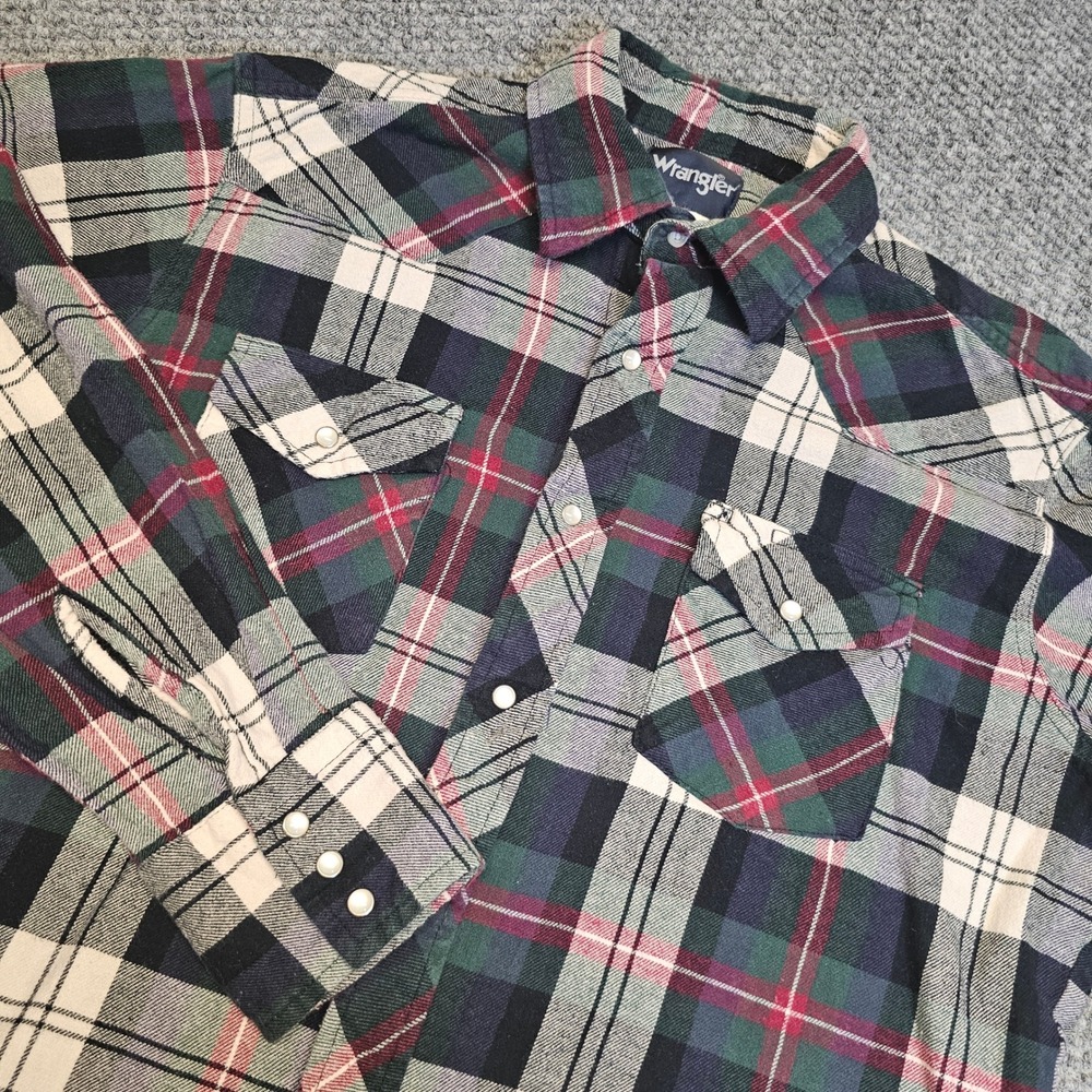 Wrangler Plaid Western Snap Front‎ Shirt Mens L G Green Red Cream Long Sleeve